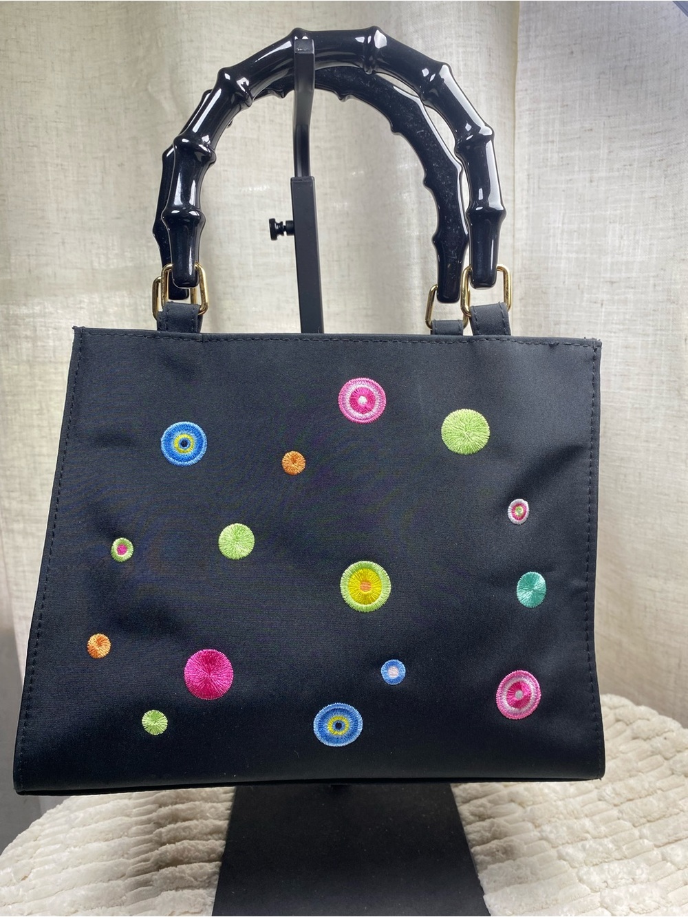 Vintage Y2K Tianni Handbag Black Nylon Bamboo Handle Retro Mod Embroidered - Picture 13 of 13